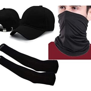 Homeistic Applience Men's and Women's Cotton Lycra Comfortable Summer Accessories Black Combo Offer (Cap, Arm Sleeves, Bandana Mask, Pack of 3)