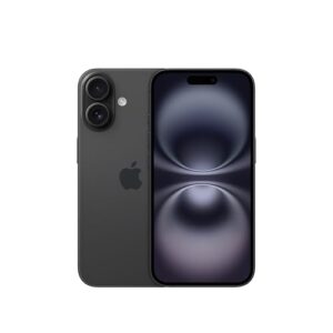 "iPhone 16 front and back view in space black finish