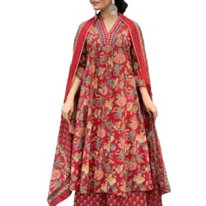 GoSriKi Women's Rayon Blend Anarkali Printed Kurta with Palazzo & Dupatta (CIA RED-GS_L_Red_Large)