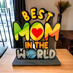 WARMINGO DE Best Mom in The World Wooden Trophy Gift for Mother or Maa Best Gift for Mom (Multicolor 6 x 5.5 Inches)