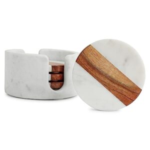 DREAMY WALLS Marble Coasters Set of 4, Acacia Wood & Marble, with Marble Holder-For Tea cups, Coffee Mug, Coffee Table, Home Decor items Anniversary gift for couple special, kitchen accessories items