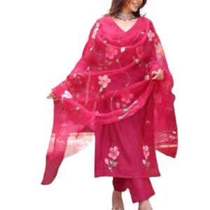 ANNI DESIGNER Women's Rayon Blend Straight Printed Kurta with Pant & Dupatta (ROKA Rani_S_Pink_Small)