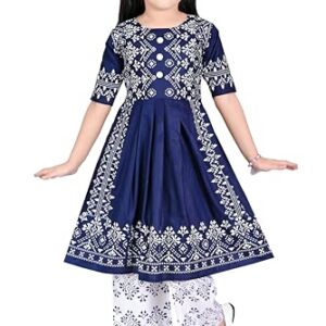 PRIME INTERNATIONAL DRESSES Cotton Blend Casual Printed Short Sleeves Long Kurta and Pallazzo Set for Girls Kids (Navy Blue, 4-5 Years)