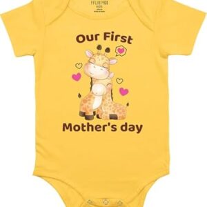 Fflirtygo Our First Mother's Day Romper | Baby Wear Cotton Infants | Half Sleeves with Envelop Neck Outfit Yellow Bodysuit for Baby Boys and Girls (3-6 Months)