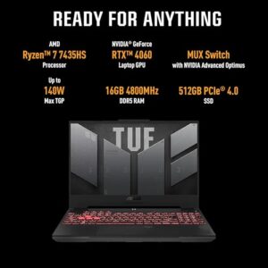 ASUS TUF Gaming A15, 15.6" FHD 16:9, 144Hz 250nits, AMD Ryzen 7 7435HS Processor, Gaming Laptop (16GB RAM/512GB SSD/RTX 4060/Win 11/Office Home/90WHr Battery/Mecha Gray/2.2 Kg),FA507NVR-LP104WS