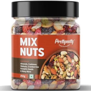 PrettyNutty Healthy Nutmix 250g, Dried Almonds, Black Raisins, Cashewnuts, Cranberries, Green Raisins, Walnut Kernels & Many More.