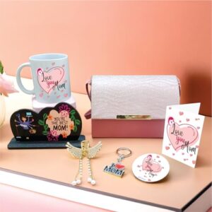 PICRAZEE Gift Combo for Mother’s Day/Mom Birthday – Ceramic Mug, Table Standy, Handbag, Golden Hair Clip, Metal Keyring, Fridge Magnet & Greeting Card (D4)