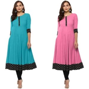 Yova Style Printed Cotton Fashion Wear Umbrella Kurti for Women Combo Packs of 2 Sky Blue & Baby Pink Small
