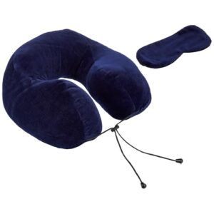 amazon basics Premium Travel Neck Pillow + Sleeping Eye Mask Combo| Ergonomic Design | Orthopedic Support | Super Soft Fabric | Ideal for Airplane, Car, Train & Home Travel Comfort (Navy Blue)