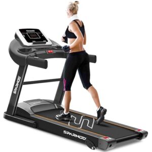 Sparnod Fitness STH-1250 Treadmill for Home Use, 4 HP Peak DC Motor, 12 km/h Speed, 12 Preset Progs, LED Display, Heart Rate Sensors, Hi-Fi Speakers, Foldable Design, Manual Incline,110kg User Weight