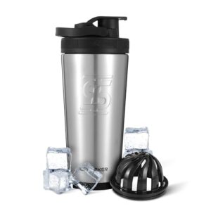 Ice Shaker Stainless Steel Insulated Water Bottle Protein Mixing Cup (As seen on Shark Tank) (Silver 26oz)