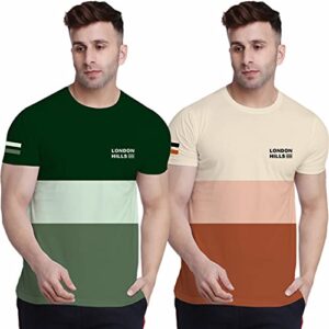 London Hills Men's Cotton Color Block Round Neck Regular Fit T-Shirt (Lh_T_Print_111_112_Size_M_Multi Green::Multi Orange_M)