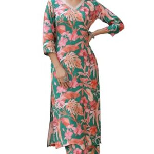 ANNI DESIGNER Women's Cotton Blend Straight Printed Kurta with Palazzo (Chinki Green_M_Green_Medium)