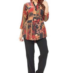 ICS INDIA COLORS Women's Floral Print Tunic Top, 3/4 Sleeve, Mandarin Collar, Red and Black Pattern with Black Trousers (in, Alpha, 5XL, Regular, Black and RED PTD)