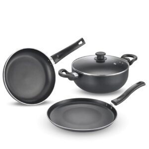 Prestige Svachh BYK Set Aluminium Non Stick Cookware, Omni Tawa Dia 28 Cm -1 Unit, Fry Pan Dia 24 Cm - 1 Unit, Kadai with Glass Lid Dia 24 Cm -1 Unit, Black