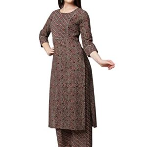 GoSriKi Women's Cotton Blend Traditional Straight Printed Kurta and Palazzo Set (Janar Dark Brown_S-GS_Dark Brown_Small)