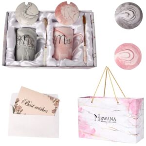 NYRWANA Coffee Mug, Wedding Gift for Couples, Marriage Gifts for Wedding, Mr & Mrs Set of 2 Coffee Mugs, Lids, Ceramic Spoons, Coasters, Best Wishes Card and Beautiful Carry Bag (380ml-Ceramic)