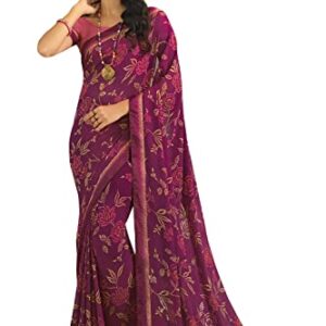 RAJESHWAR FASHION WITH RF Floral Printed Georgette Saree Lace Border Saree For Women With Lace Border & Blouse Piece(Winee_Free Size 6.30 Mtr)