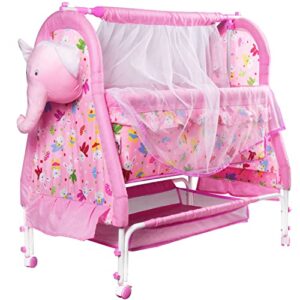 KIDBITKART Funbaby New Born Baby Swing Baby Cradle Baby Crib Jhula with Mattress Pillow Adjustable Height and Mosquito Net Bassinet & Wheels (Elephant Pink)