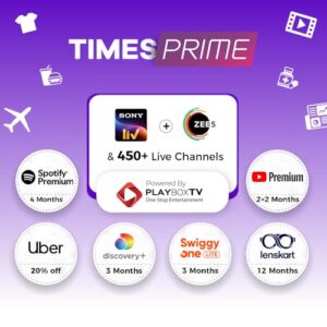 Times Prime Membership - PlayboxTV (6 months) including ZEE5 + 450 Live Channels, MUBI, Discovery+, Cricbuzz Plus, YouTube Premium, Spotify Premium, Uber, Swiggy One Lite, Gaana Plus, YesMadam, EazyDiner Prime, Quillbot Premium, ET Prime & 30+ Subscriptions | 40+ Benefits | The only membership you’ll ever need