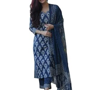 KLOSIA Women Blue Indigo Printed Kurta Set with Dupatta (X-Large)