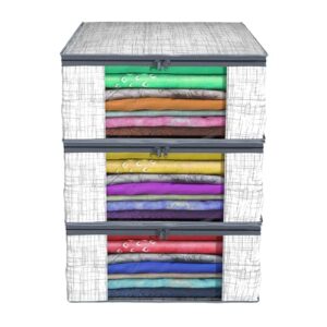 Amazon Brand - Solimo Saree Cover With Zip Closure | Clothes Storage Bag | Wardrobe Organizer | Transparent Window | Jute-Print | 9 Inch (Grey, Pack of 3)