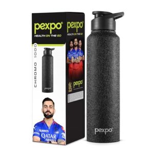 PEXPO Chromo Pro 1000 ISI Certified Stainless Steel Sports/Fridge Sipper Water Bottle, 950ml, Black | Water Bottle for Office, Gym, School, Yoga, Trekking, Men, Women and Kids | RCB Edition