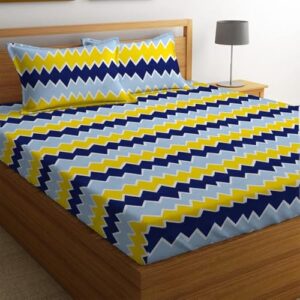 BSB HOME 100% Microfiber bedsheet for Double Bed with 2 Pillow Covers Breathable | Wrinklefree and Softtouch Zig-zag Print Sheet- Yellow & Blue