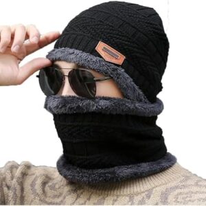 Fitness Mantra® Beanie Cap & Muffler for Men & Women| Beanie Cap| Woolen Topaa| Winter Cap| Head & Neck Warmer| Black Color| 1 Set|