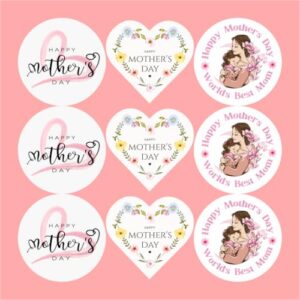 Happy Mother's Day/Mother's Day Round and Heart Shape Stickers, 2 inch, 3 BeautifulDesigns Mix, Pre-Cut Vinyl Labels for Gifts and Decorations (96)