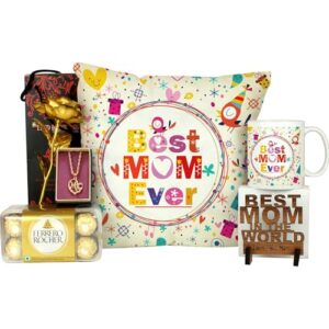 TIED RIBBONS Mothers Day Gift for Mom Mother In Law - Chocolate Box, Necklace, Golden Rose, Cushion with Filler, Mug and Wooden Stand Hamper
