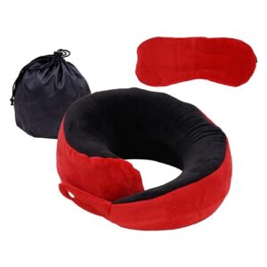 BigPlayer Travel Neck Pillow Set with Eye Mask and Carry Bag – Soft Memory Foam Pillow for Neck Support and Pain Relief in Car Flight Train Office (Red and Black)