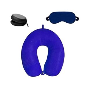 BigPlayer Neck Pillow Travel Set with Eye Mask and Storage Case – U-Shaped Memory Foam Cushion for Sleeping Neck Pain Relief in Flight Train Car Bus (Blue)
