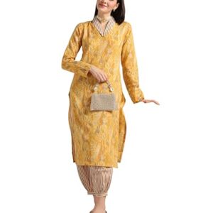 Leriya Fashion Cotton Blend Floral Foil Printed Indian Ethnic Kurta with Pant Set for Women Fancy Patiyala Pant Set for Traditional Ceremony Party Office Wear Kurti Set (Medium, Yellow)