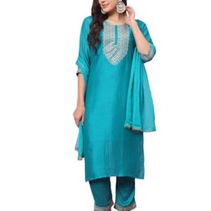 VredeVogel Women's Silk Blend Embroidered Kurta with Pant & Nazmin Border Lace Dupatta Set (Rama_Large)