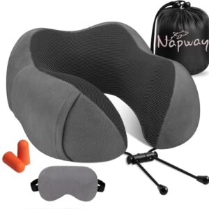 NAPWAY Neck Pillow for Travel, Memory Foam Travel Neck Rest Support Pillow for Sleeping, Travel Pillow for Flights, Train and Car | 360° Neck Rest Support | Washable Cover with Combo