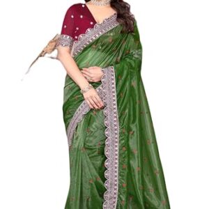 Women's Super Net Silk Saree with Cut Work Lace Border | Unstitched Blouse | (MAHENDI)