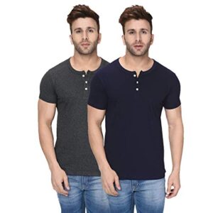 London Hills Men's Half Sleeve Vertical Stripes Printed Dark Blue, Dark Grey Cotton Regular Fit T-Shirts (Combo Pack of 2), Large.