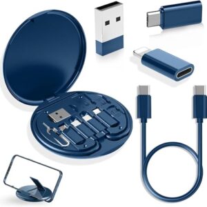Multifunctional Data Cable Set Conversion Head Portable Storage Box, Multi-Type Charging Line Convertor USB Type C Adapter Tool Contains Sim Card Slot Tray Eject Pin, Phone Holder (Multi-colour)