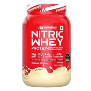 Bigmuscles Nutrition Nitric Whey protein | 27g Isolate Whey Protein | Informed Choice UK Certified | ProHydrolase Enzyme Tech. for Faster Absorption & Lean Muscle Growth | Malai Kulfi | 1Kg