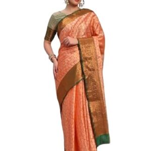 sumori Elegant Peach Banarasi Silk Saree with Rich Zari Woven Border & Pallu South Indian Wedding Saree for Women Contrast Blouse Piece