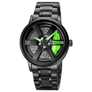 SKMEI Spinning Car Wheels Rolling Watch for Men Analog Display Black-Green Dial Zinc Alloy Men's Stainless Steel Black Color Stylish Band, Water-Resistant & Scratch-Resistant-1787