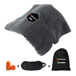 Dravina Premium Travel Neck Pillow with Eye Mask, Ear Buds & Carrying Pouch. Washable Super Soft Wrap Travel Pillow for Neck & Shoulder Support- Comfortable Sleeping Experience On Flight - Grey