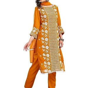 EthnicJunction Women's Georgette Chikankari Embroidered Straight Kurta Pant with Dupatta Set Maroon