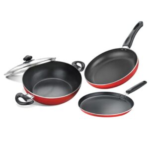 Judge by Prestige Deluxe Induction Bottom Non-Stick Coated 3 Pc Cookware Set (Tawa 25Cm+Fry Pan 24 Cm+Kadai 24 Cm with Glass Lid) - Red