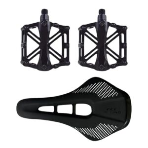 FCC Racing Saddle & Pedals Set | PU Leather Bike Seat + Non-Slip Alloy Pedals with Reflectors | MTB & Road Bike Accessories Combo
