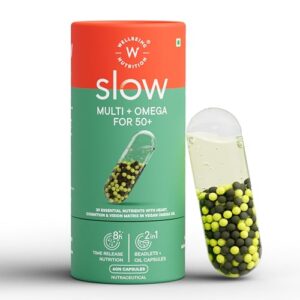 Wellbeing Nutrition Slow Multivitamin + Omega 3 for Men & Women, Adult 50+ | B-Complex, Coq10, Vitamin D3, C, Zinc, Calcium + 40 Nutrients | Energy, Immunity, Joint, Heart & Memory, 60 Veg Capsules