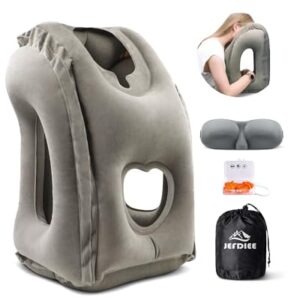 JefDiee Inflatable Travel Pillow with 3D Eye Mask, Earplugs & Portable Bag - Neck & Chin Support for Comfortable Napping on Airplanes, Trains, Cars & Offices(Grey-A5)