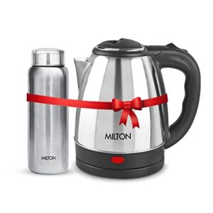 MILTON Combo Set Go Electro Stainless Steel Kettle, 1.5 Litres, Silver And Aqua 750 Stainless Steel Water Bottle, 750 Ml, Silver | Office | Home | Kitchen | Travel Water Bottle,1500 Watts