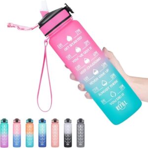 TEKCOOL Motivational 1L Pink Green BPA-Free Fitness Sports Bottle - Leakproof, Durable, Reusable - School/College/Office/Travel Bottle